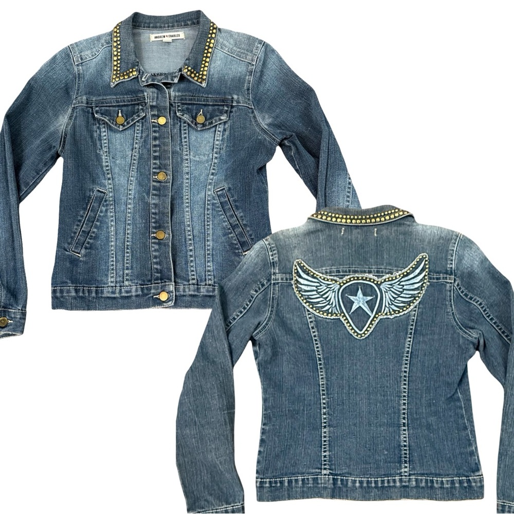 Andrew Charles Indigo Blue Studded Embroidered Stretch Denim Jacket S
